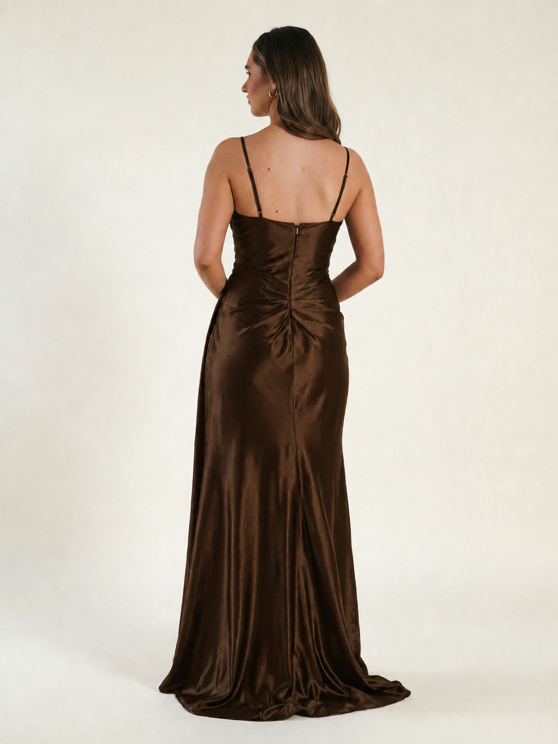 V-neck satin fine bandeau fitted high slit long dress