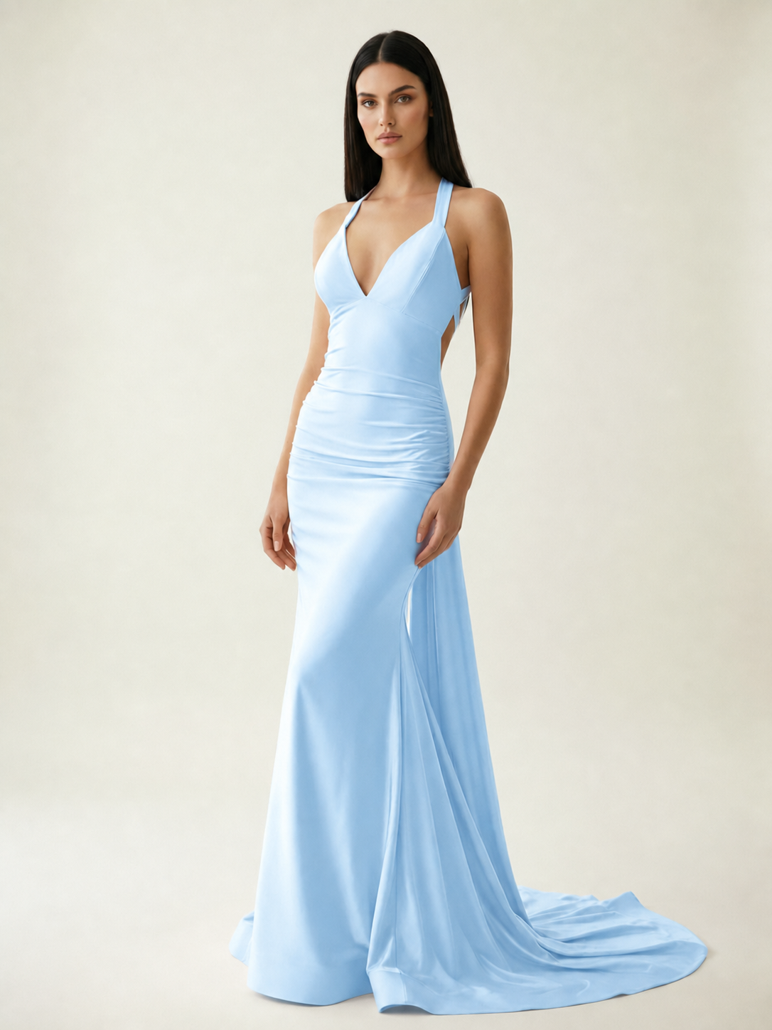 Backless Halter Satin Mermaid Dress
