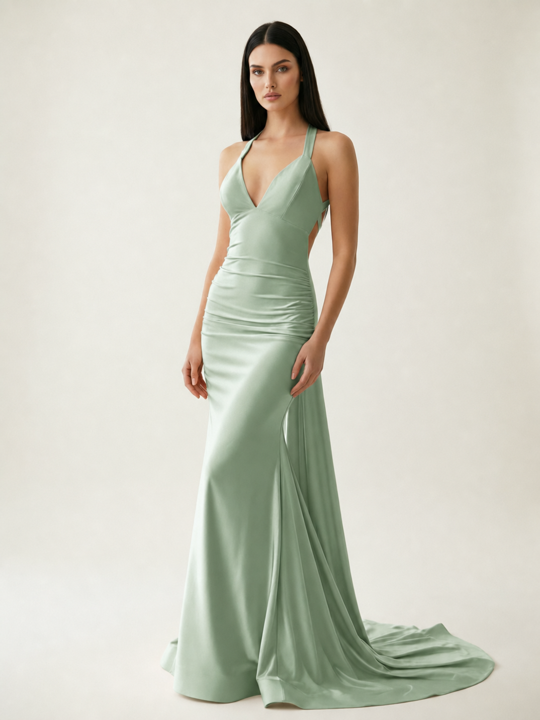 Backless Halter Satin Mermaid Dress