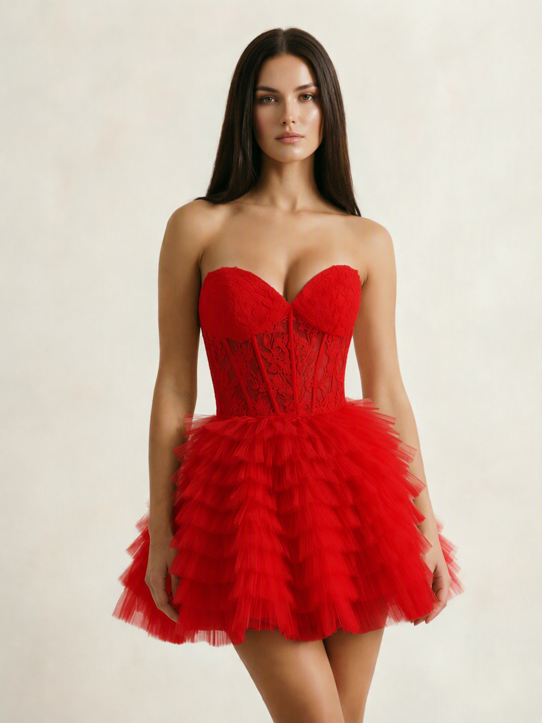 Strapless Lace Corset Tiered Tulle Mini Dress