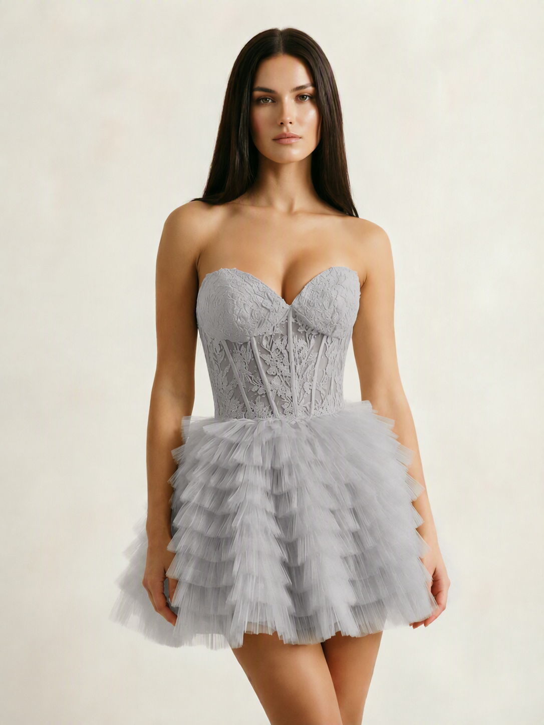 Strapless Lace Corset Tiered Tulle Mini Dress