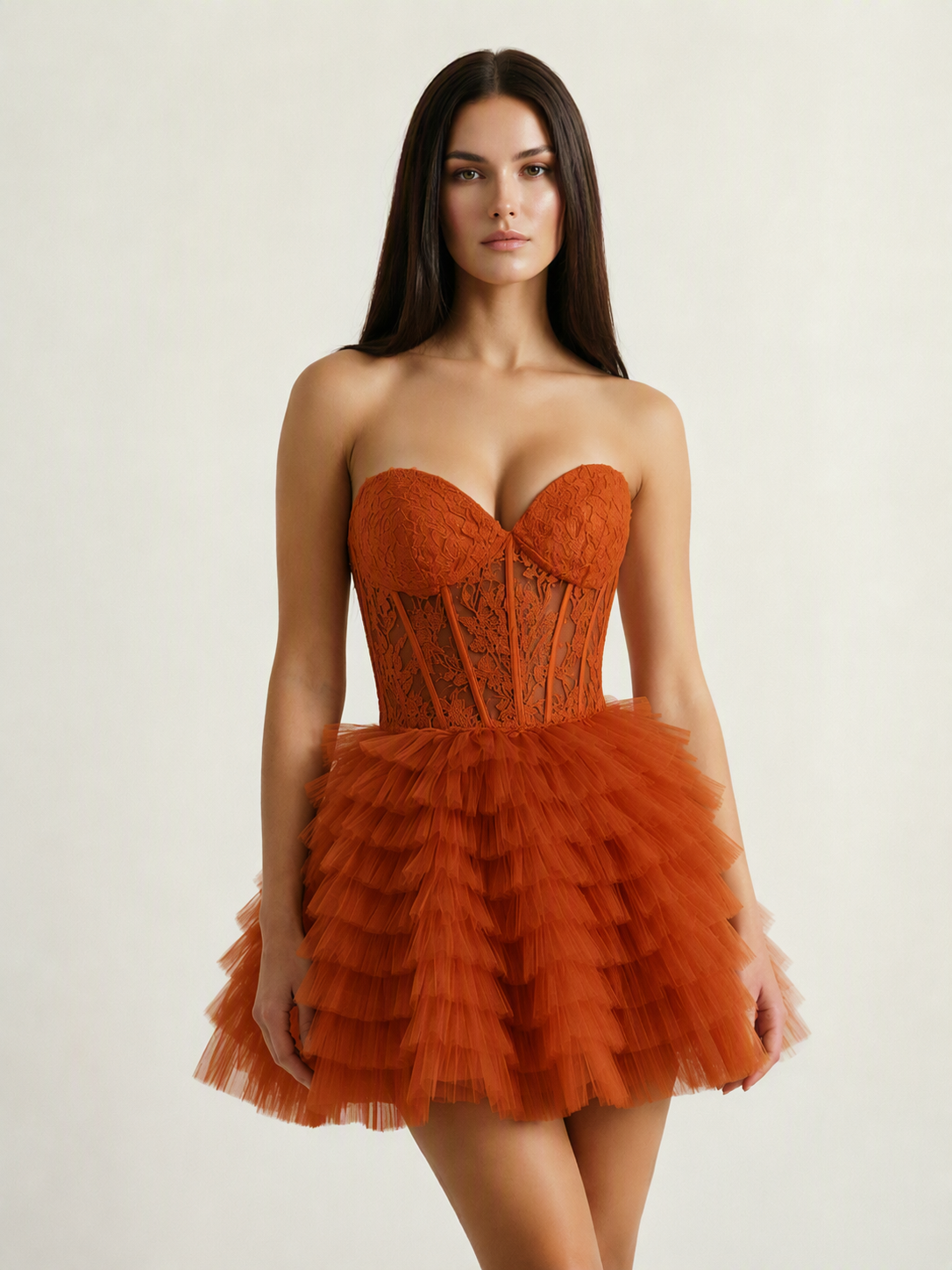 Strapless Lace Corset Tiered Tulle Mini Dress