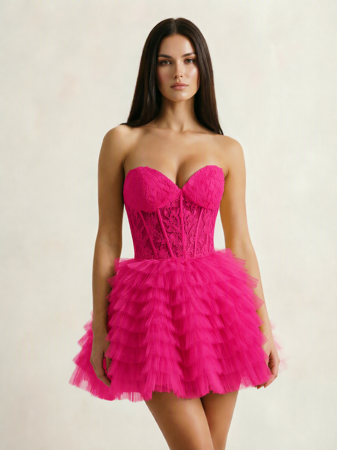 Strapless Lace Corset Tiered Tulle Mini Dress
