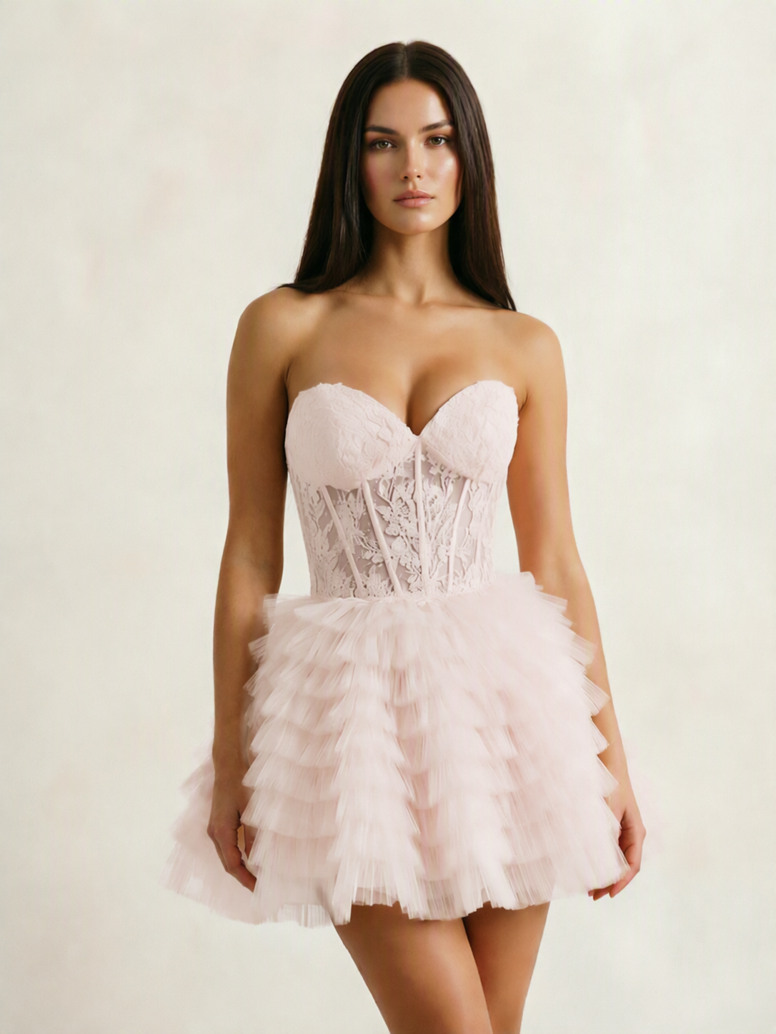 Strapless Lace Corset Tiered Tulle Mini Dress