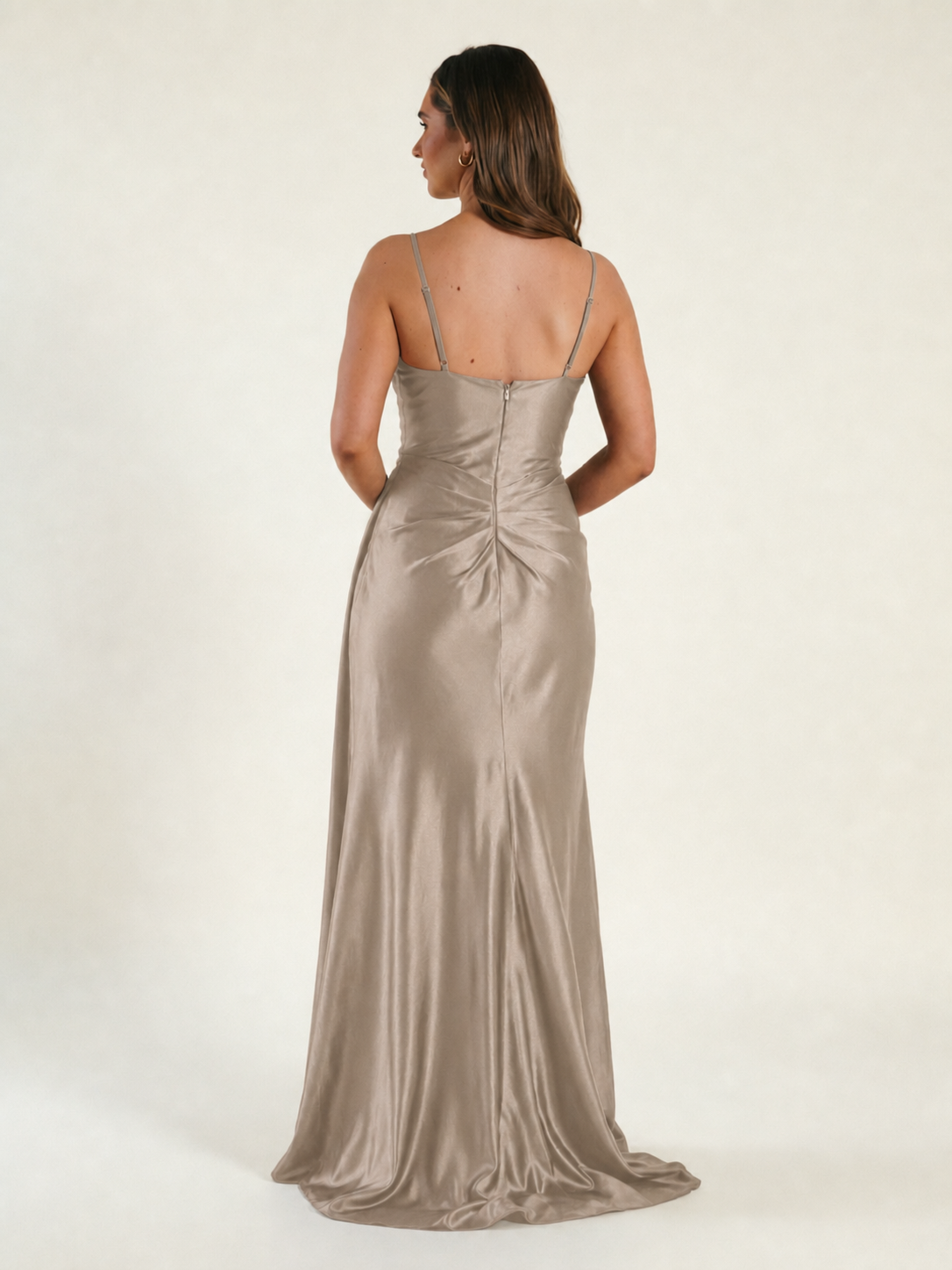 V-neck satin fine bandeau fitted high slit long dress
