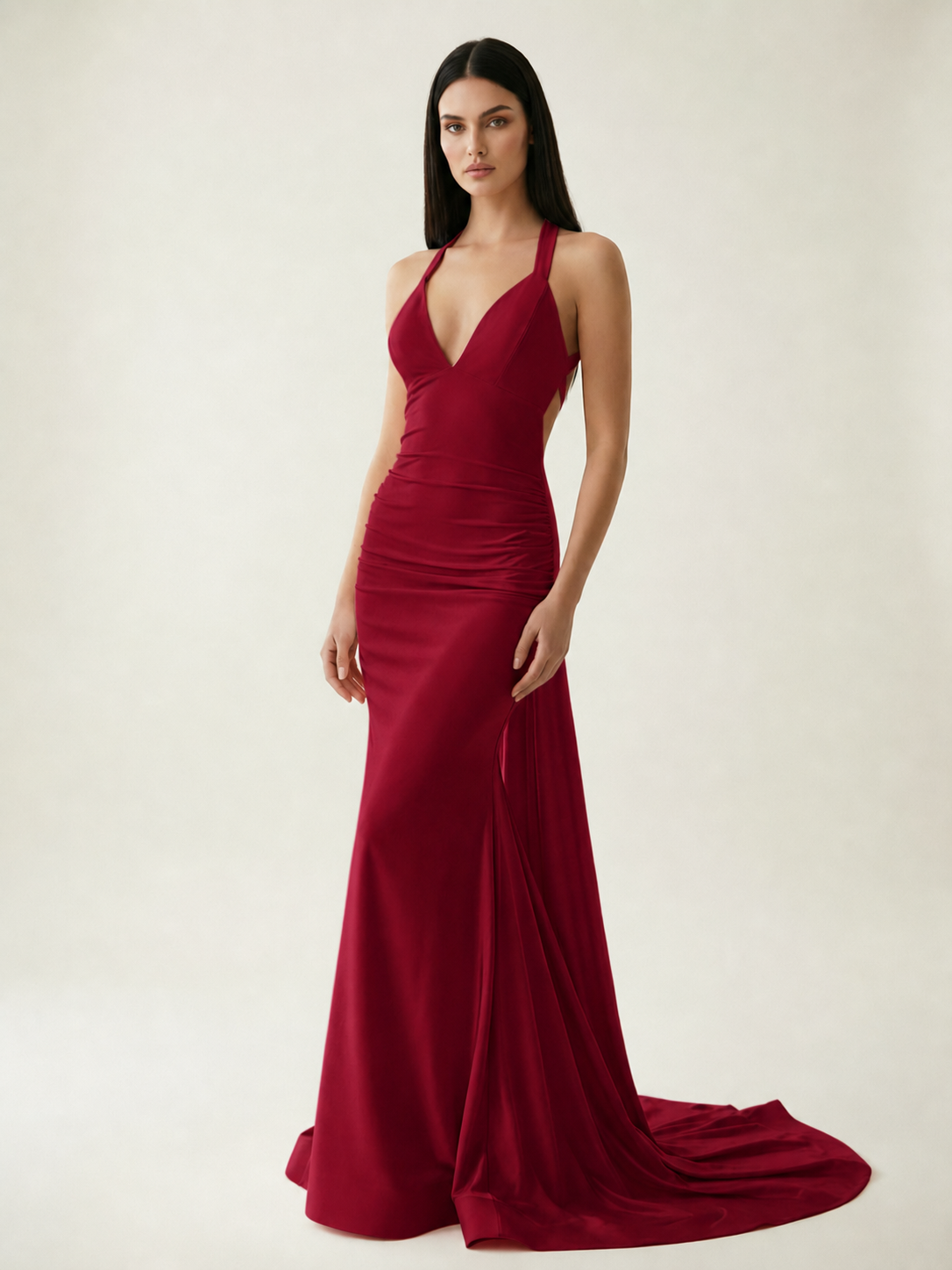 Backless Halter Satin Mermaid Dress