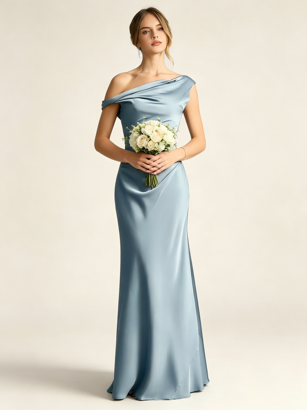 Satin Mermaid Bridesmaid Maxi Dress, Asymmetrical Off Shoulder Ruched Waist Open Back