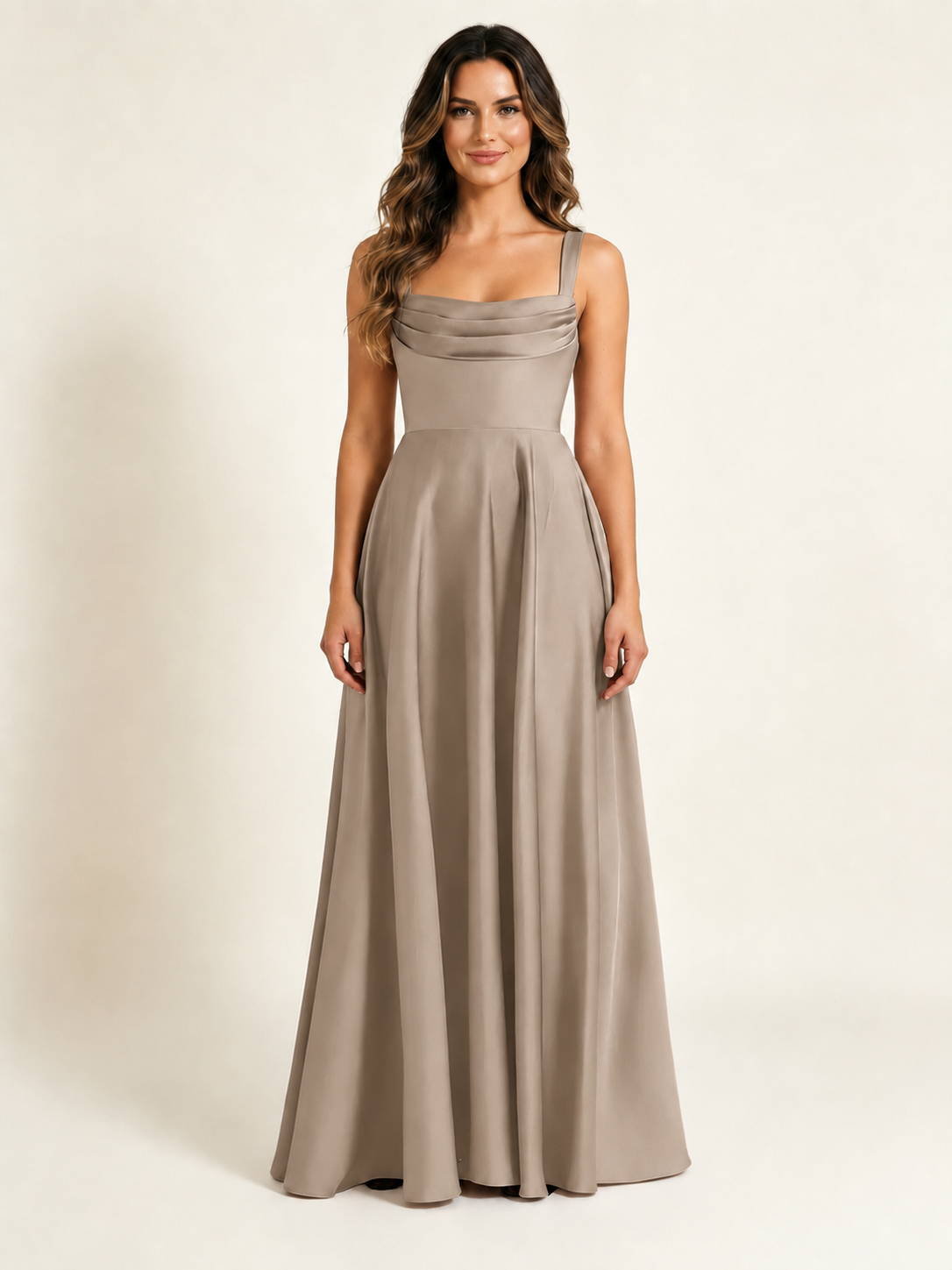 Satin Draped Cowl Square Neck A-Line Maxi Bridesmaid Dress