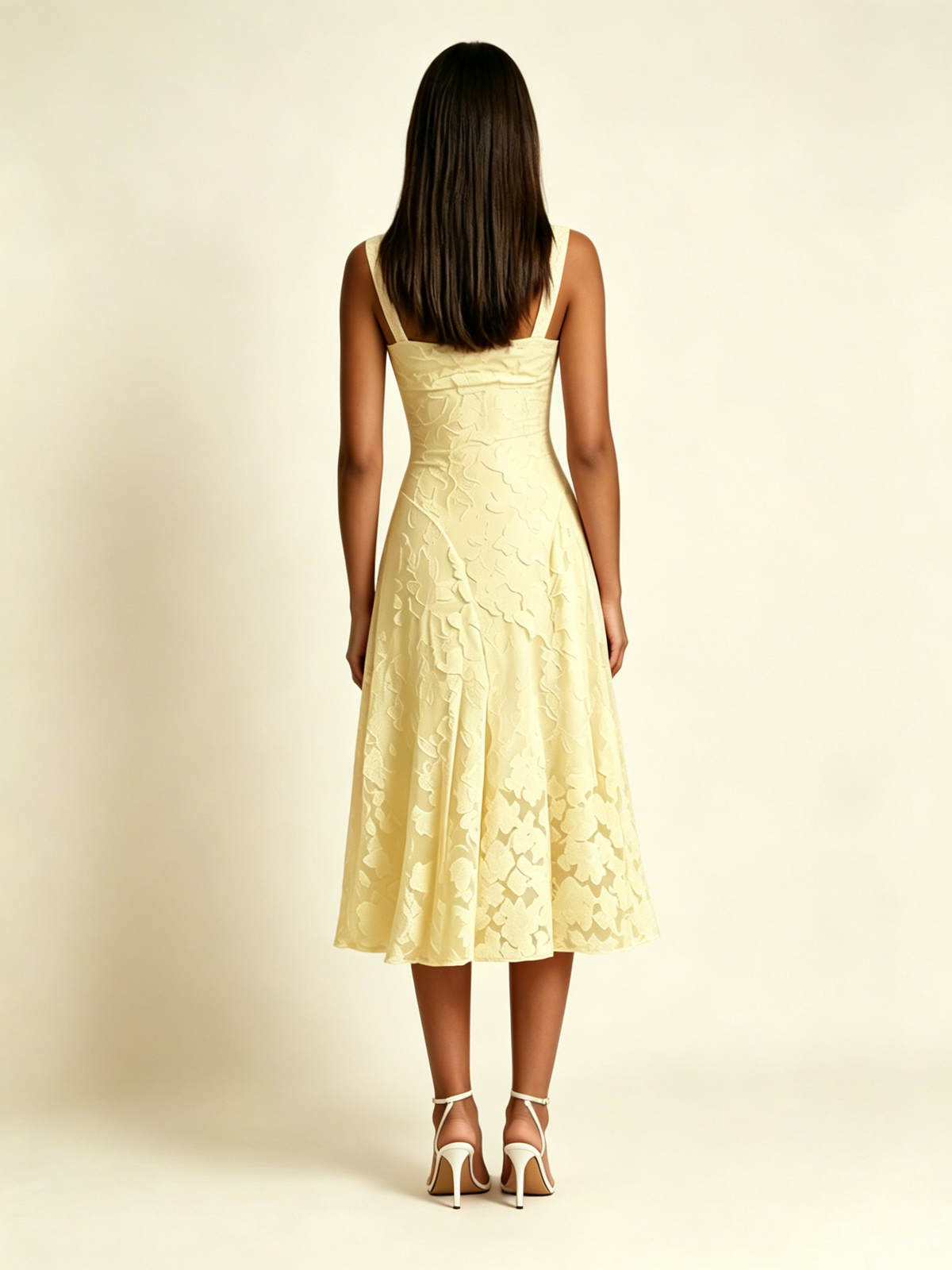 3D Floral Jacquard Square Neck Midi Dress
