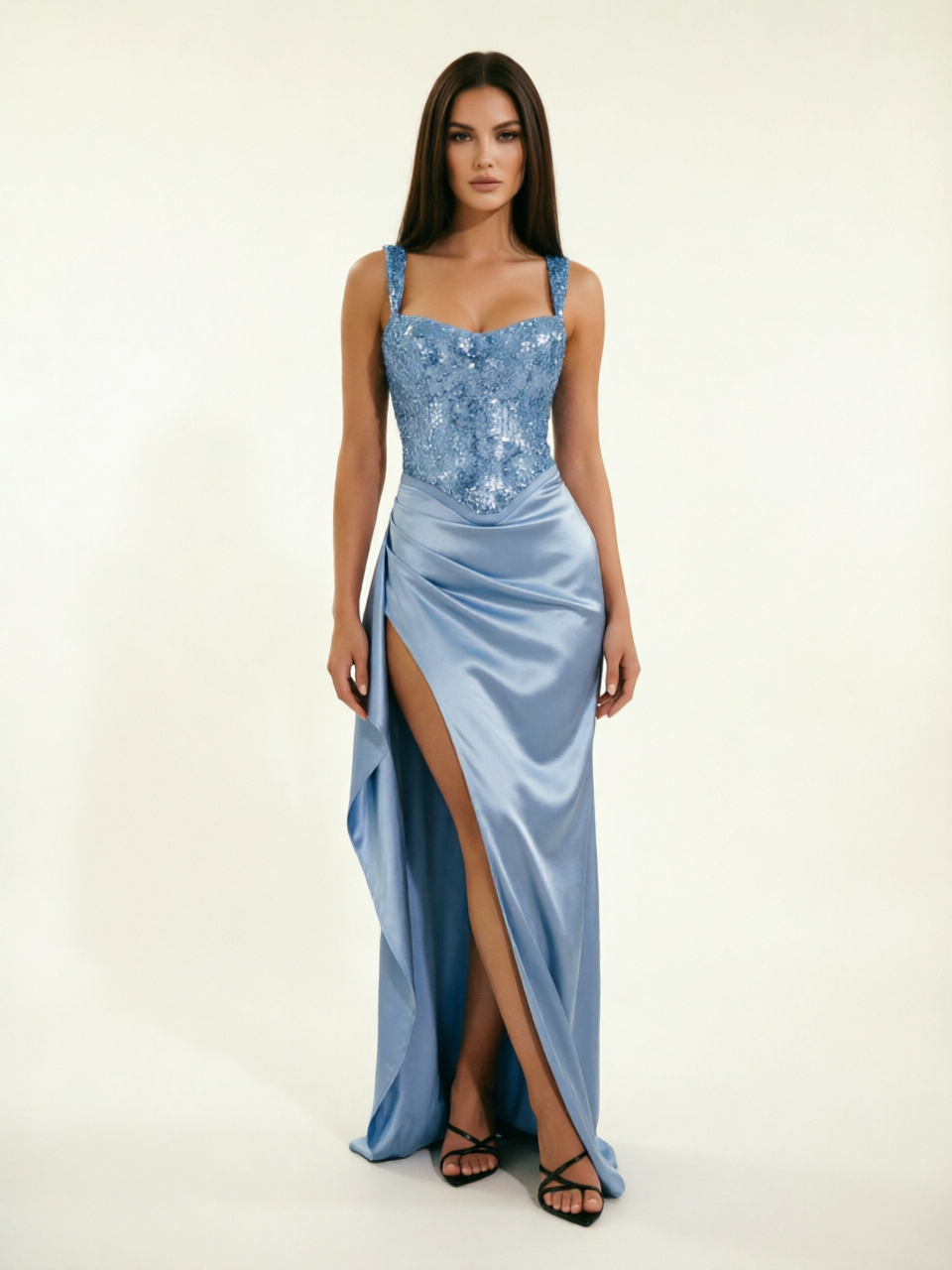 Sequin Corset Satin High Slit Formal Maxi Dress