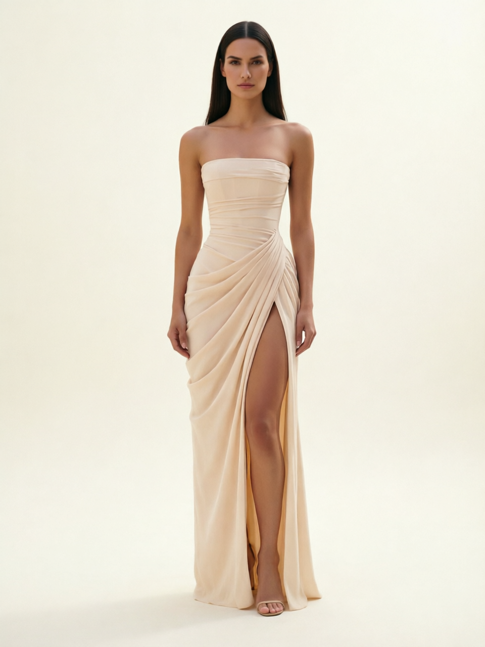 Strapless Ruched High Slit Maxi Dress