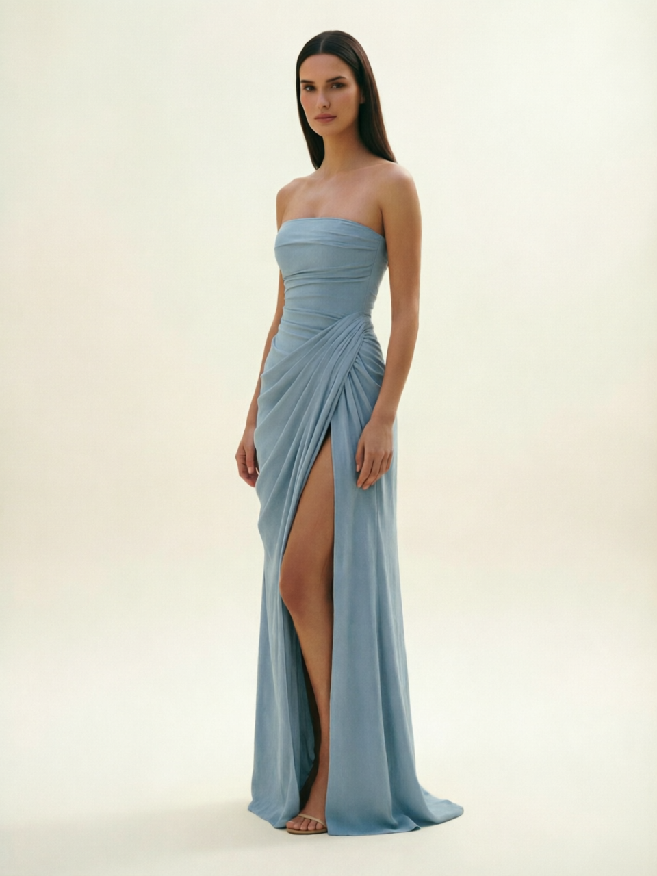 Strapless Ruched High Slit Maxi Dress