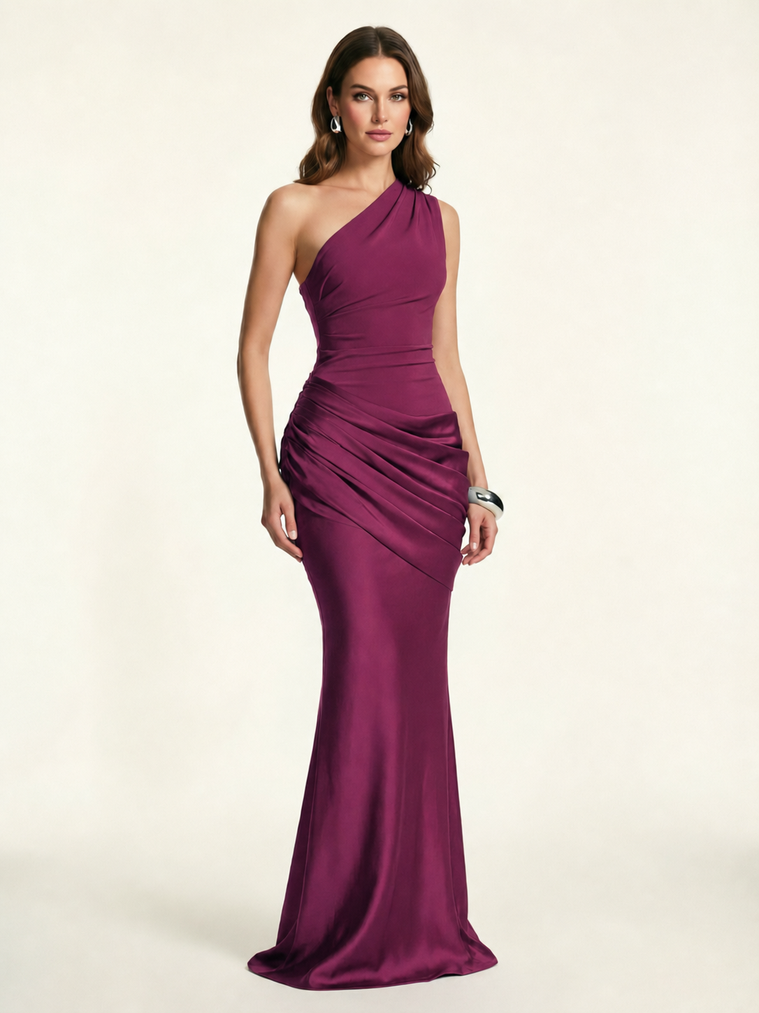 Single-shoulder satin floor-length evening dress