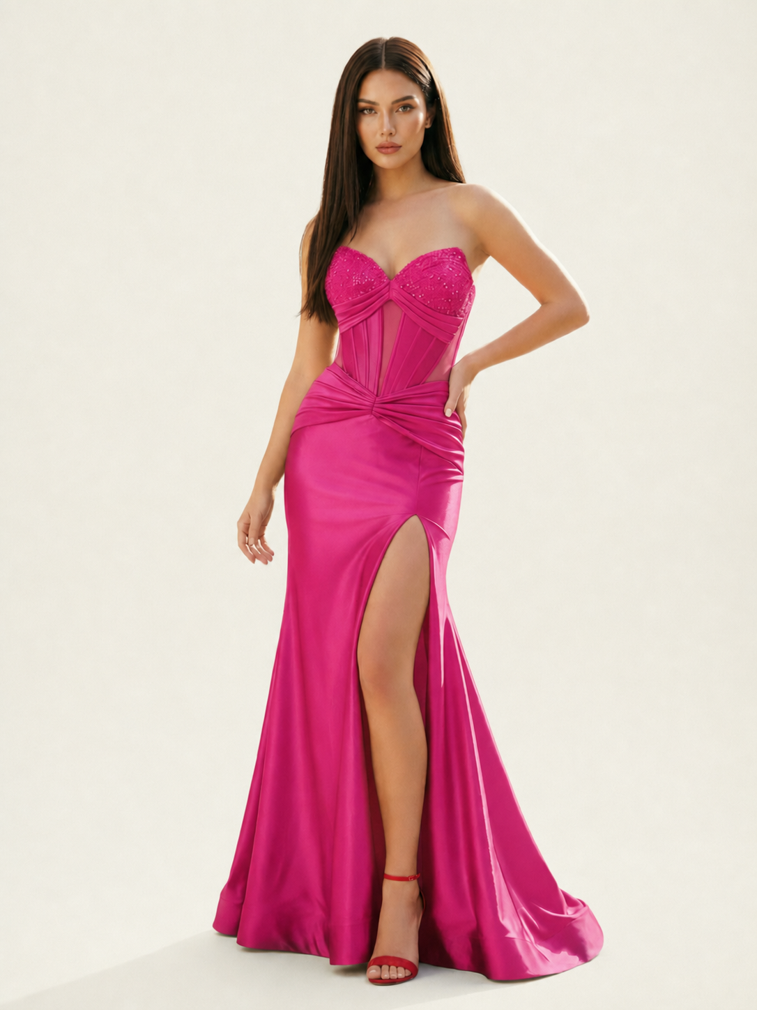 Strapless Corset Satin High Slit Mermaid Gown