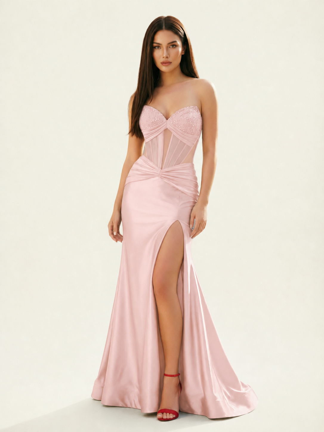 Strapless Corset Satin High Slit Mermaid Gown