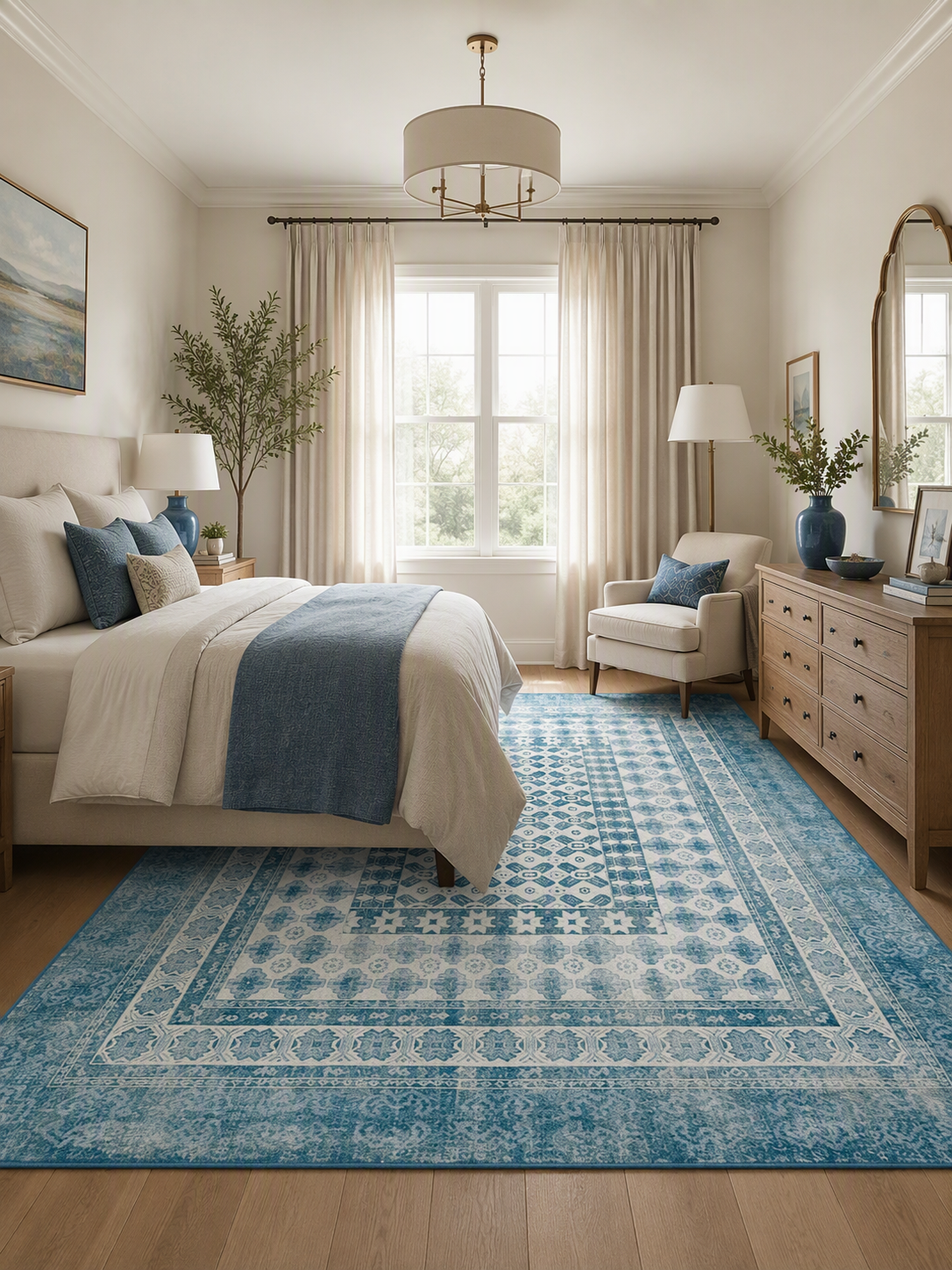 Vintage Geometric Border Washable Area Rug