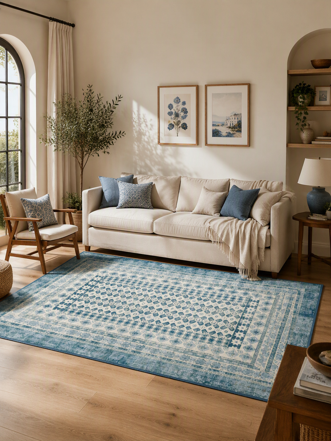 Vintage Geometric Border Washable Area Rug