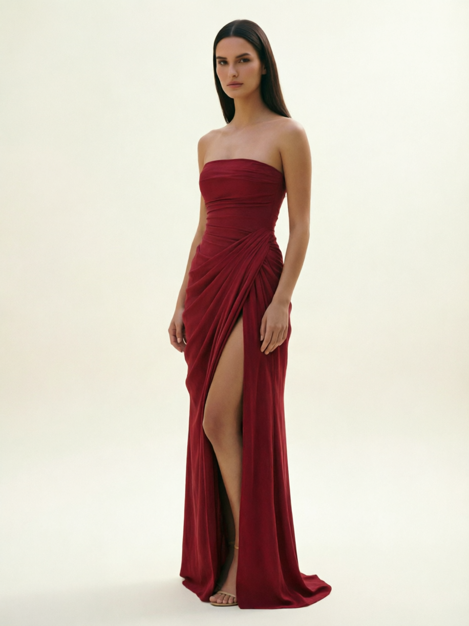 Strapless Ruched High Slit Maxi Dress