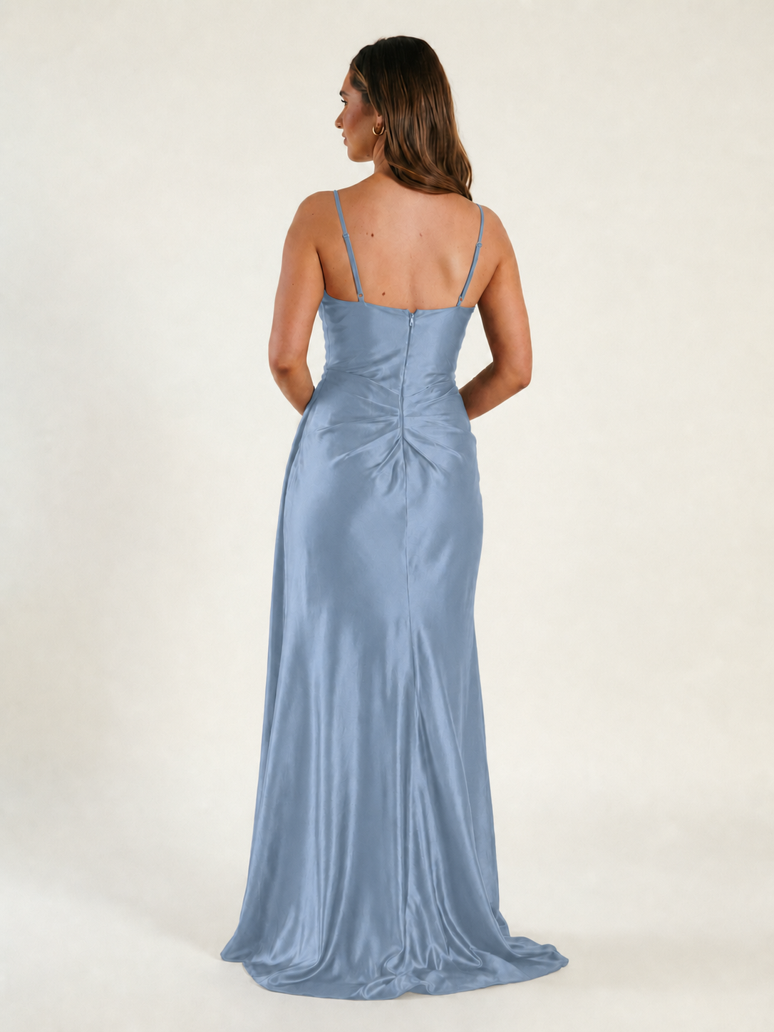 V-neck satin fine bandeau fitted high slit long dress