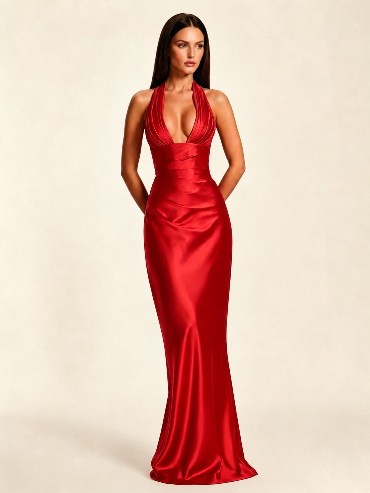 Deep V Satin Mermaid Lace-Up Back Formal Dress