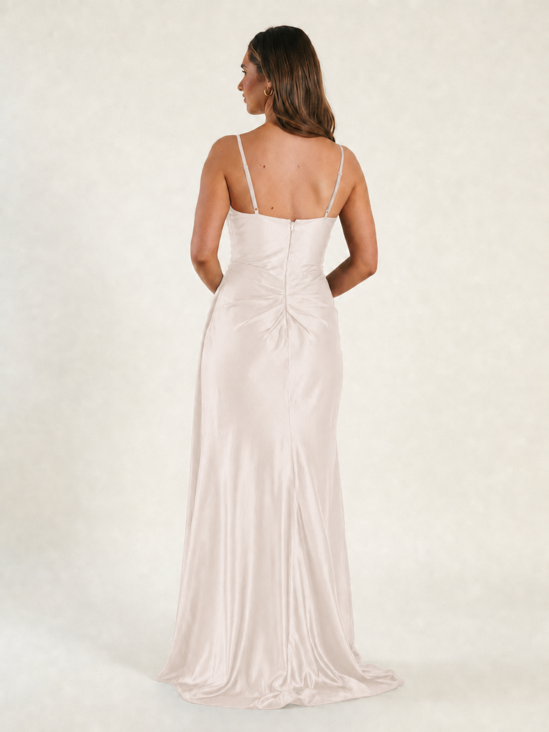 V-neck satin fine bandeau fitted high slit long dress