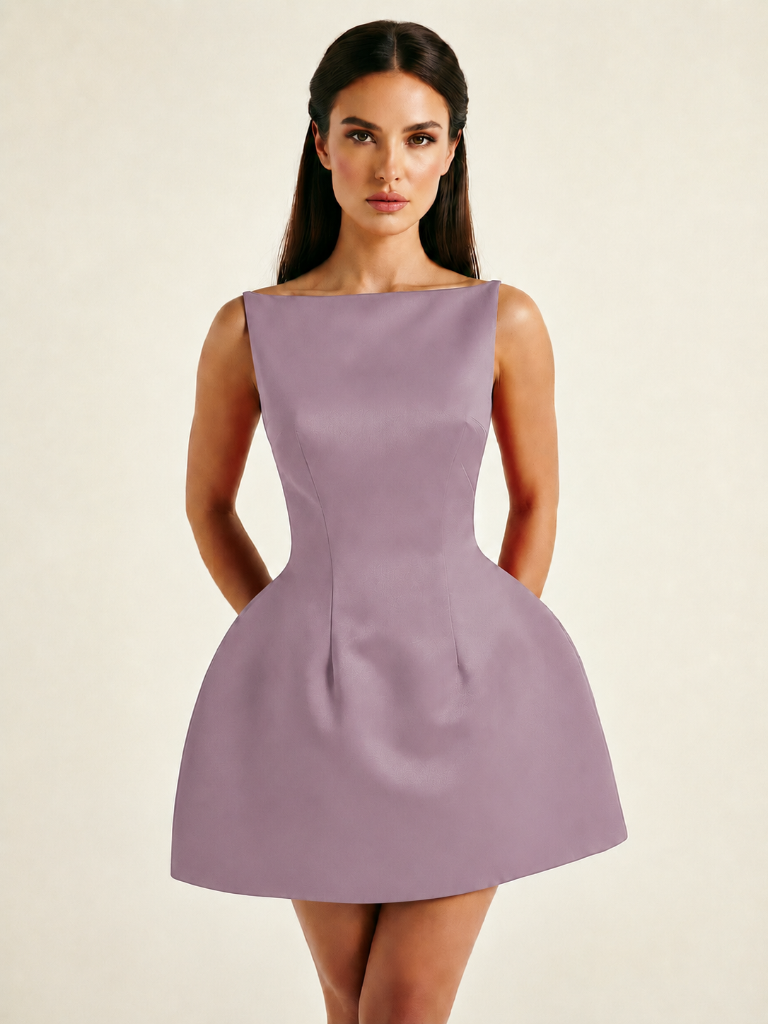 Satin Boat Neck Open Back Fit & Flare Mini Dress