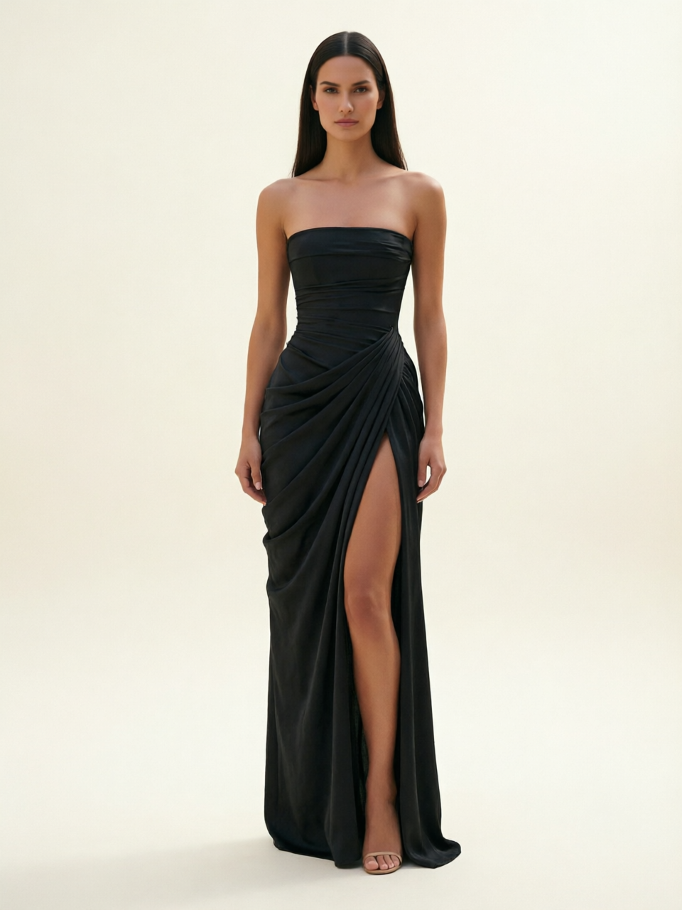 Strapless Ruched High Slit Maxi Dress