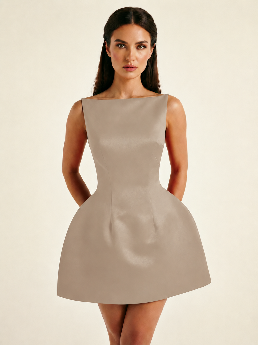 Satin Boat Neck Open Back Fit & Flare Mini Dress