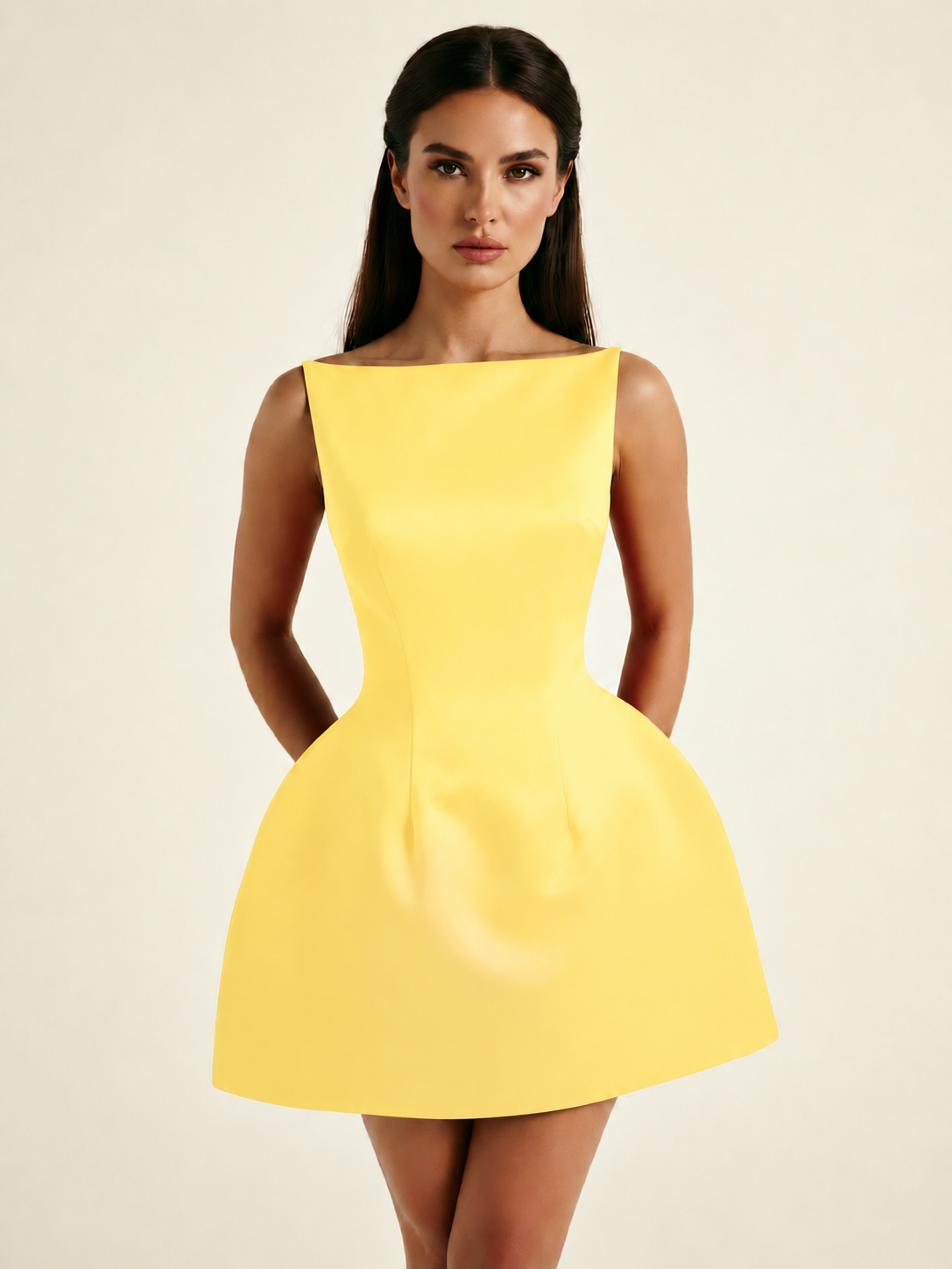 Satin Boat Neck Open Back Fit & Flare Mini Dress