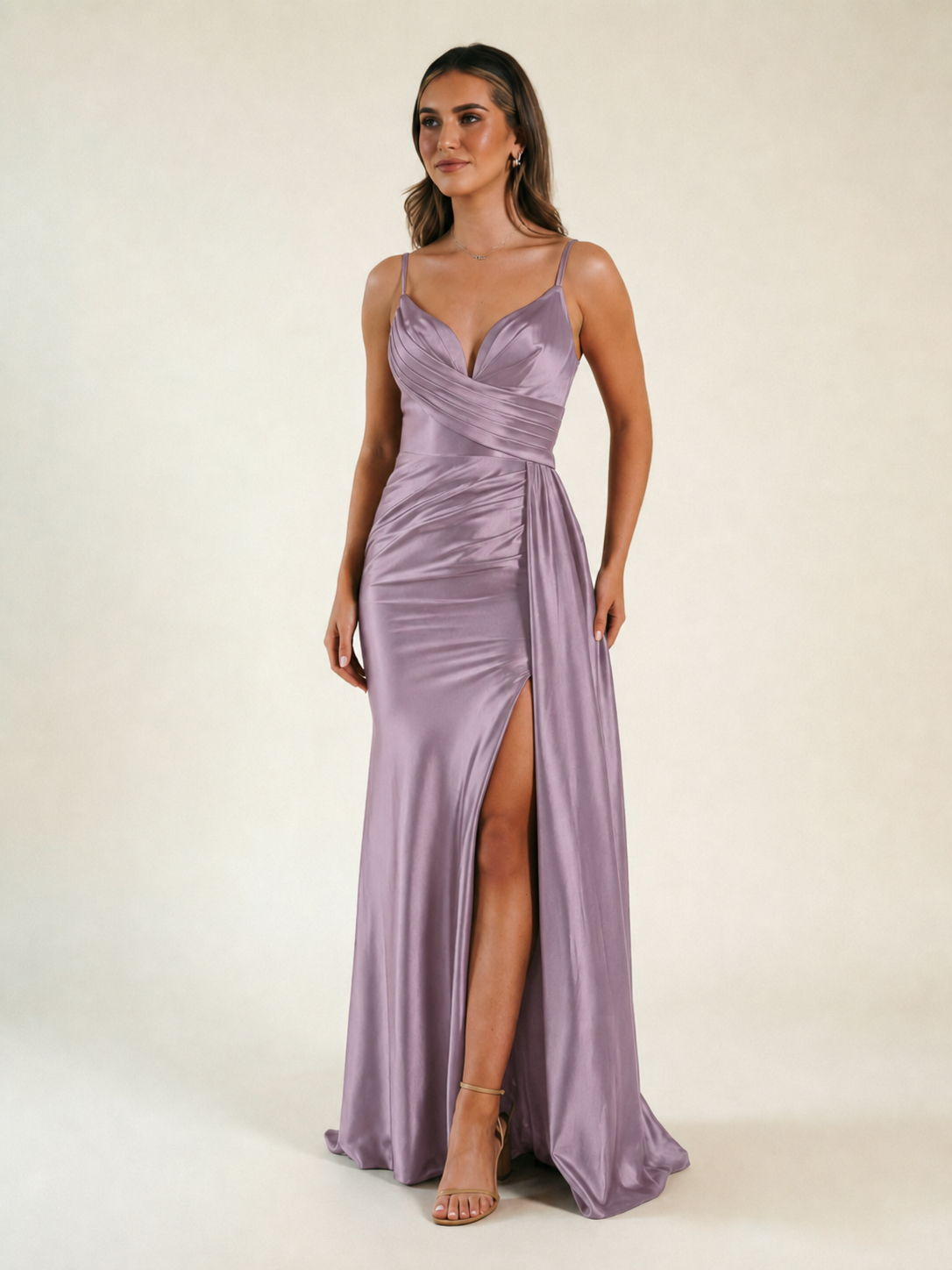 V-neck satin fine bandeau fitted high slit long dress
