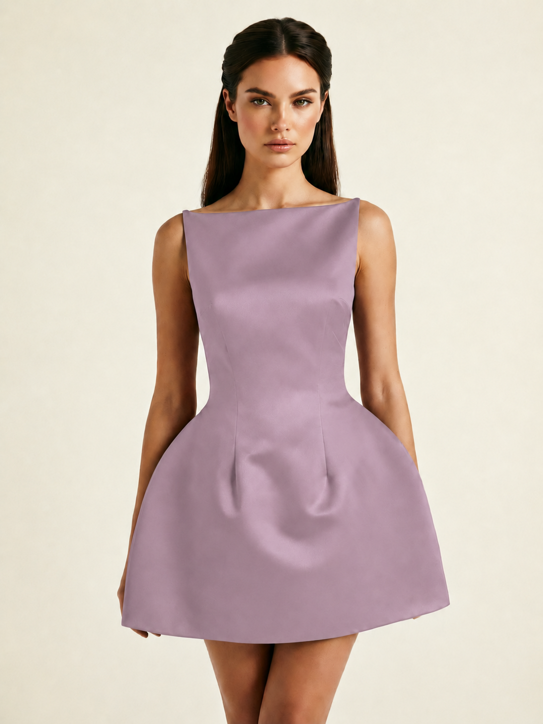 Satin Boat Neck Open Back Fit & Flare Mini Dress