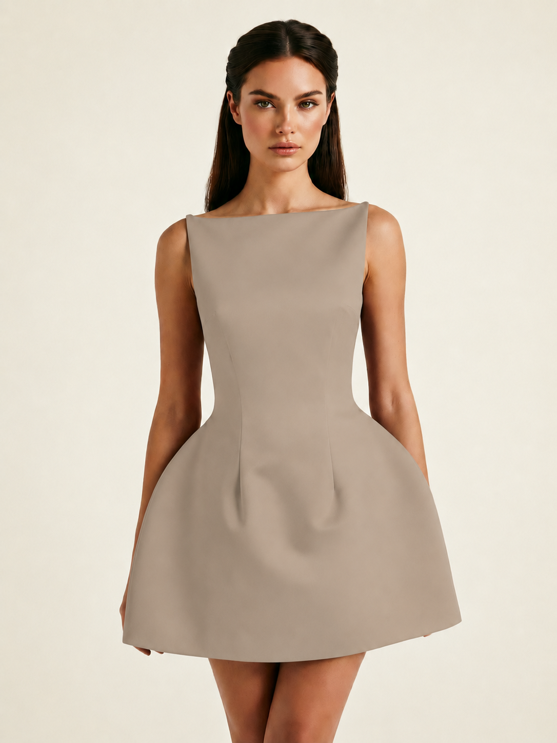 Satin Boat Neck Open Back Fit & Flare Mini Dress