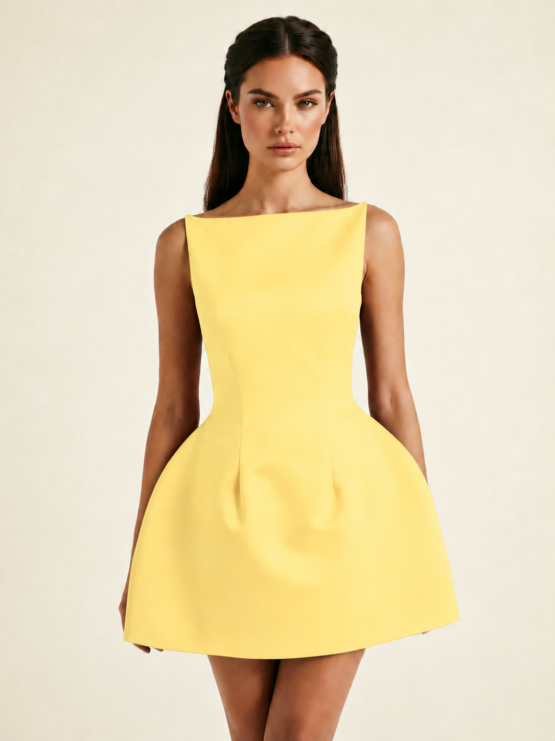 Satin Boat Neck Open Back Fit & Flare Mini Dress
