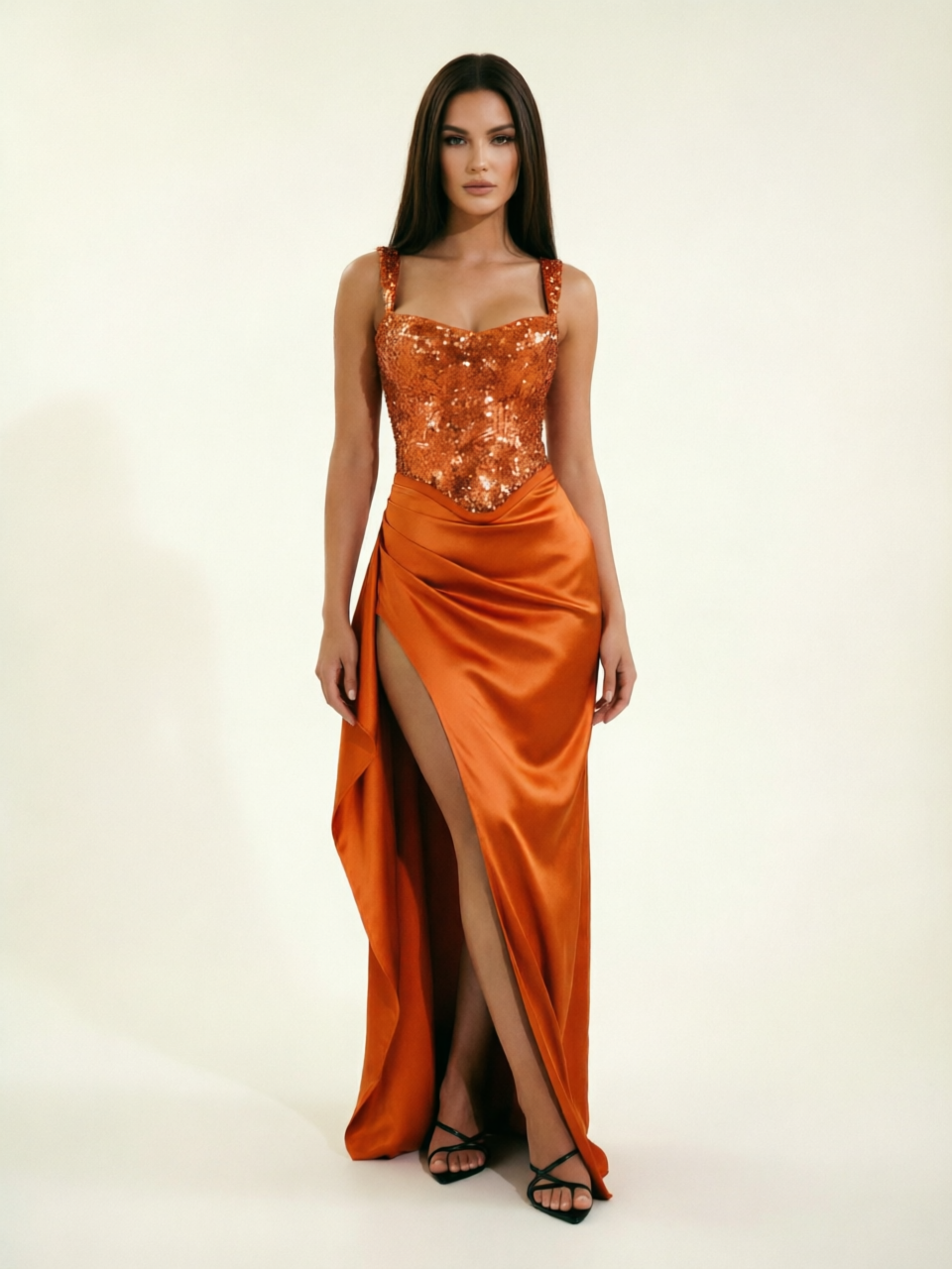 Sequin Corset Satin High Slit Formal Maxi Dress