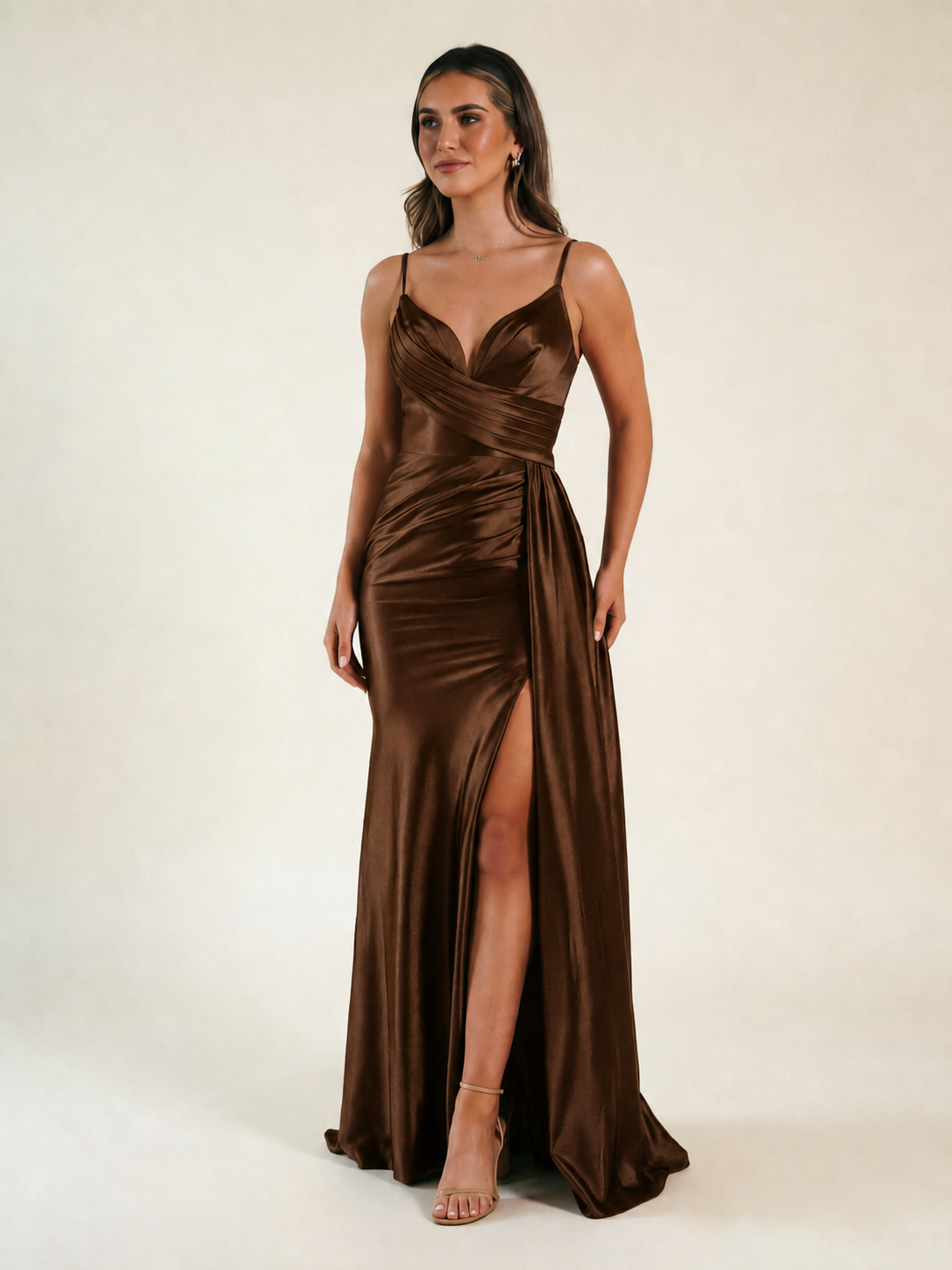 V-neck satin fine bandeau fitted high slit long dress