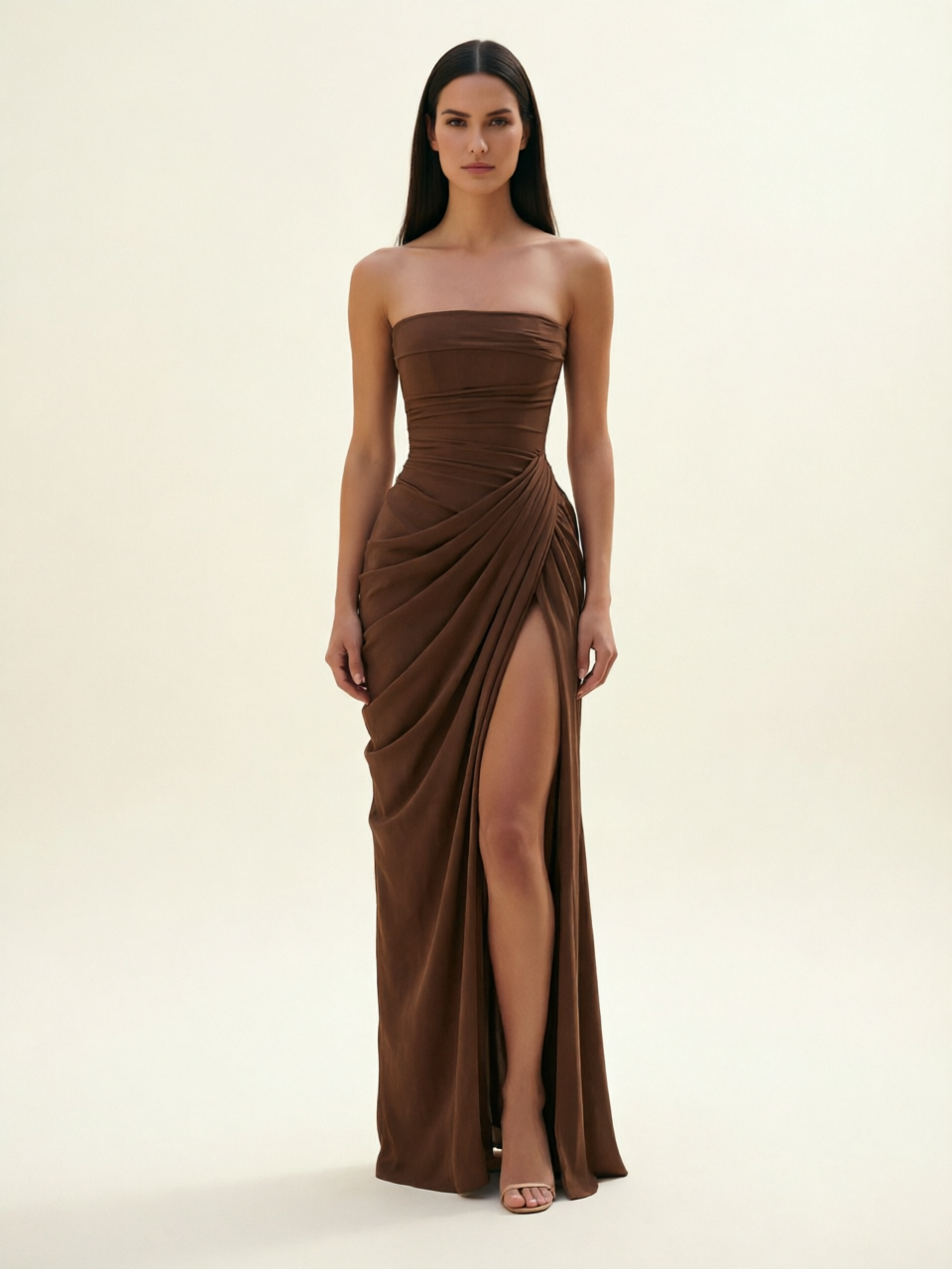 Strapless Ruched High Slit Maxi Dress