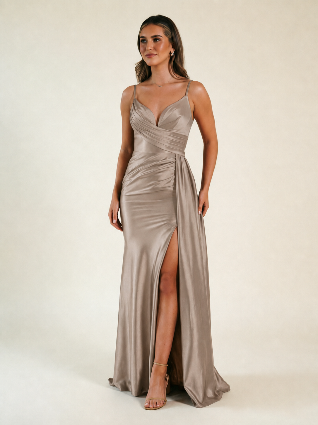 V-neck satin fine bandeau fitted high slit long dress