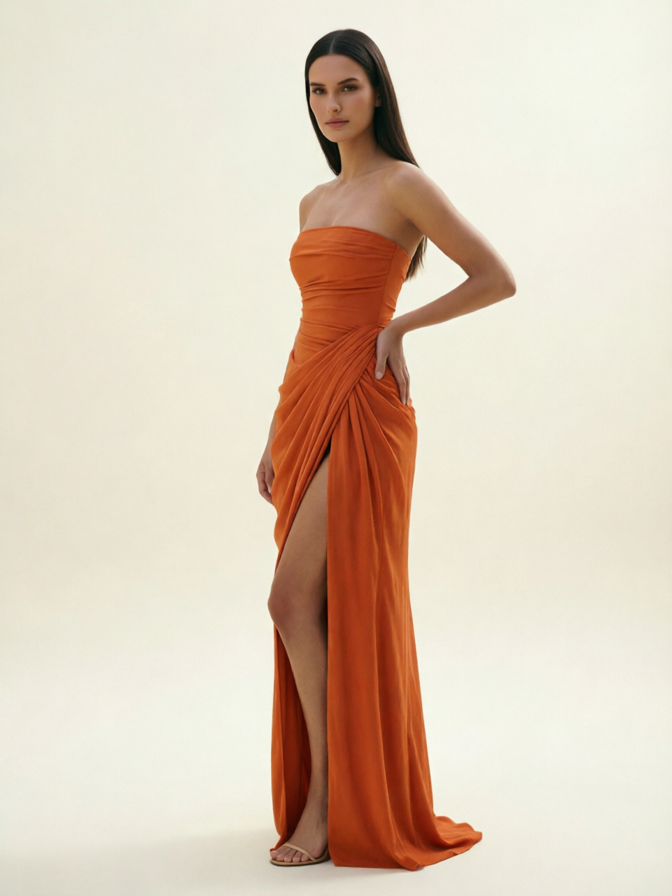 Strapless Ruched High Slit Maxi Dress