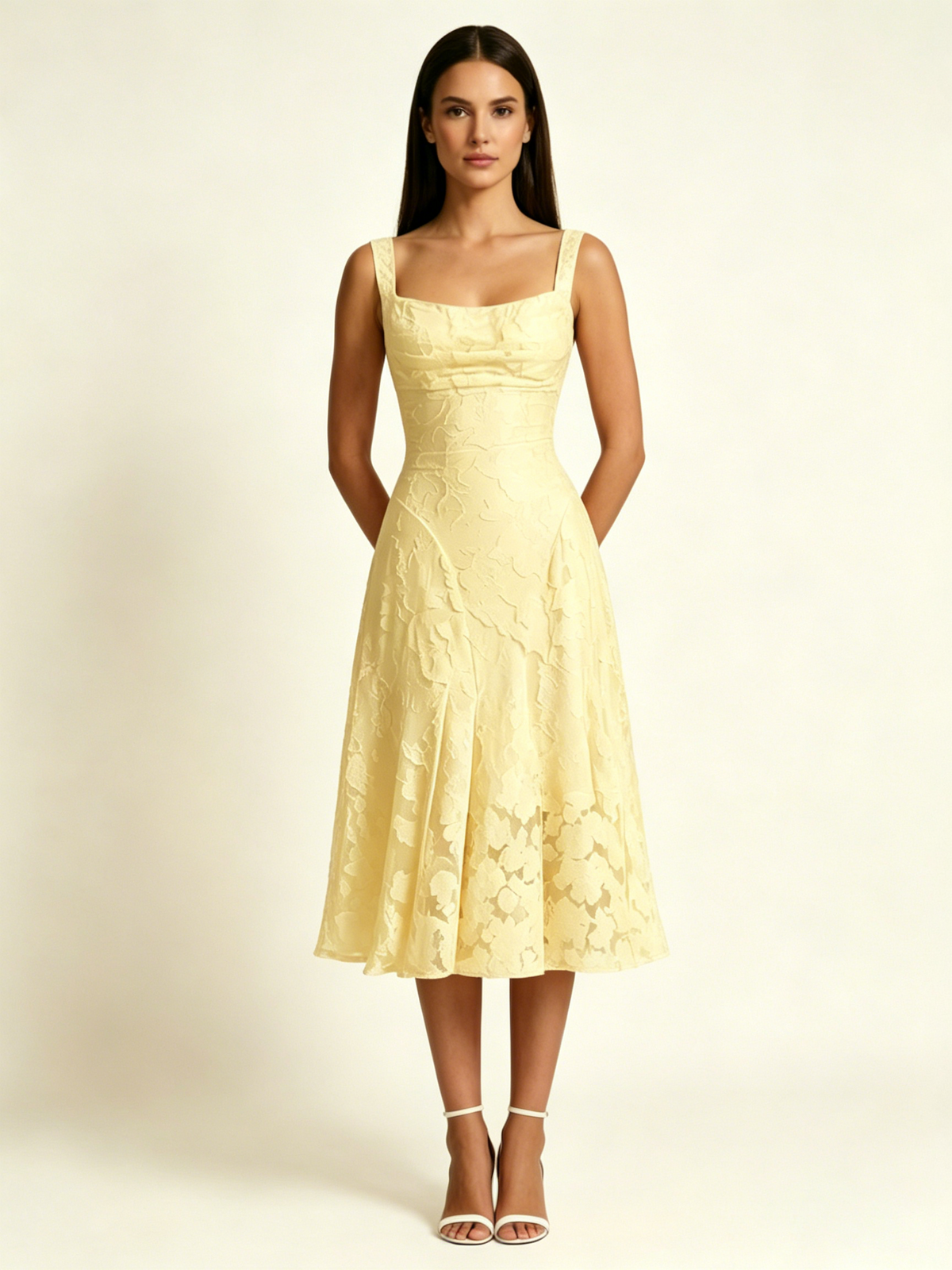 3D Floral Jacquard Square Neck Midi Dress