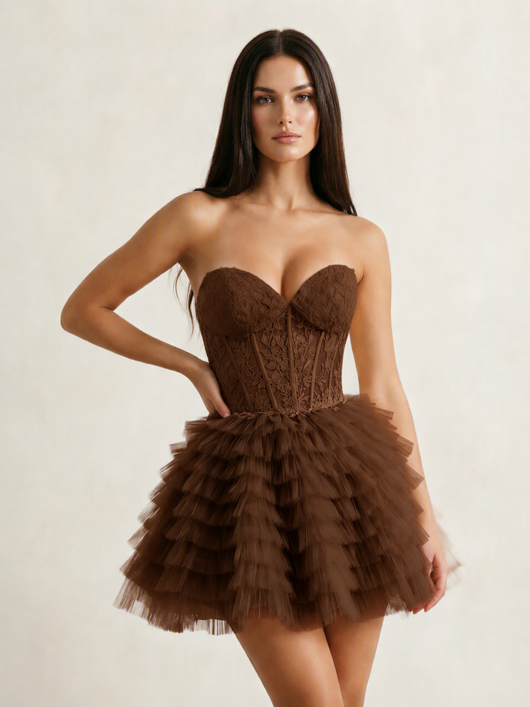 Strapless Lace Corset Tiered Tulle Mini Dress