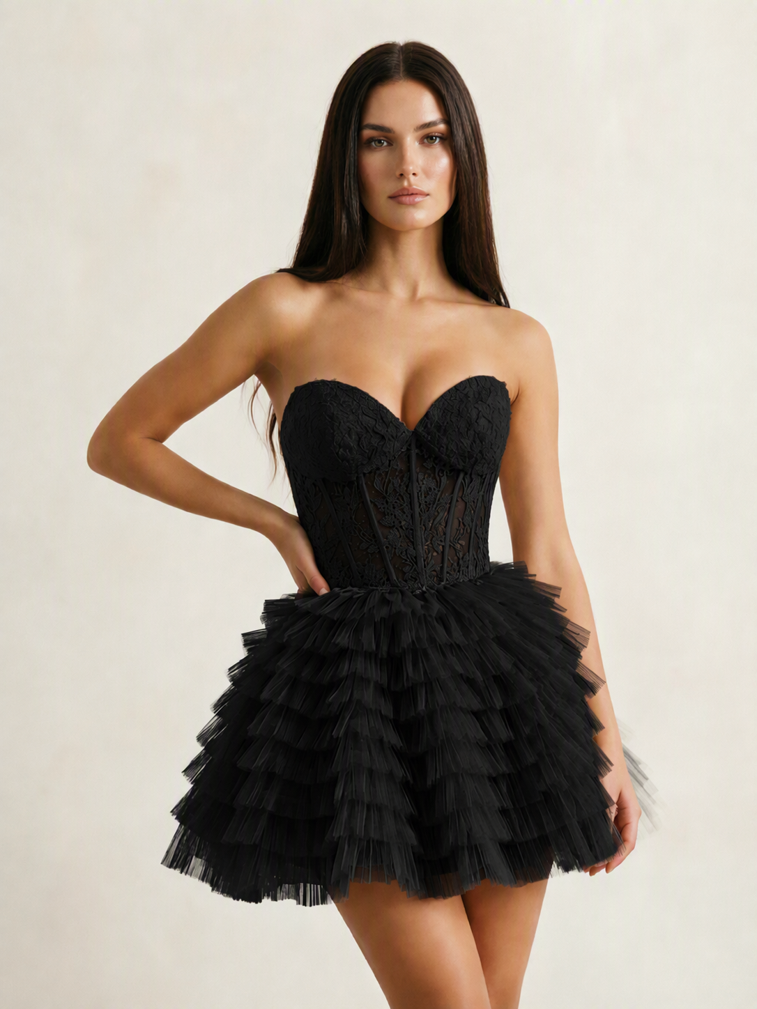 Strapless Lace Corset Tiered Tulle Mini Dress