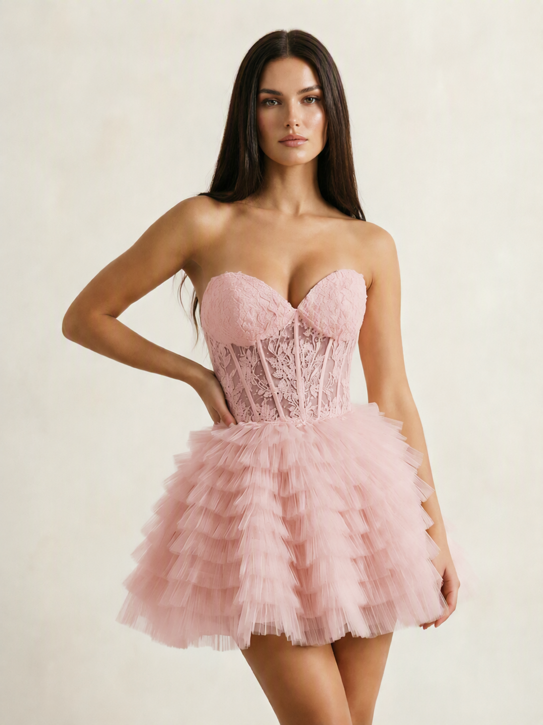 Strapless Lace Corset Tiered Tulle Mini Dress