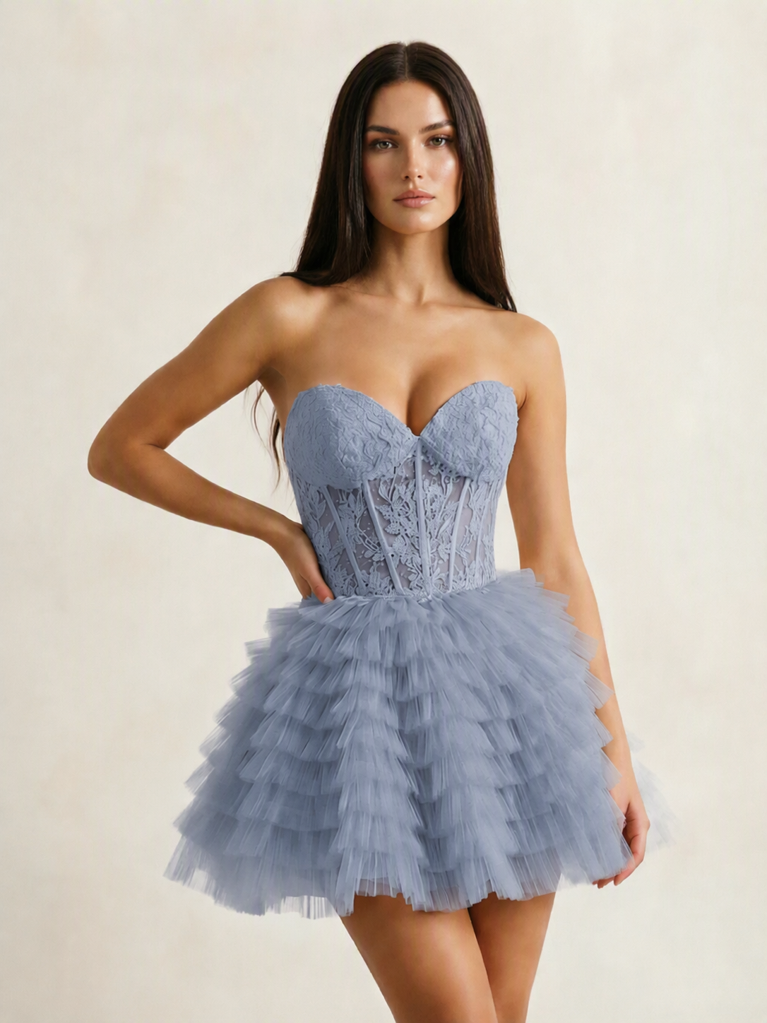 Strapless Lace Corset Tiered Tulle Mini Dress
