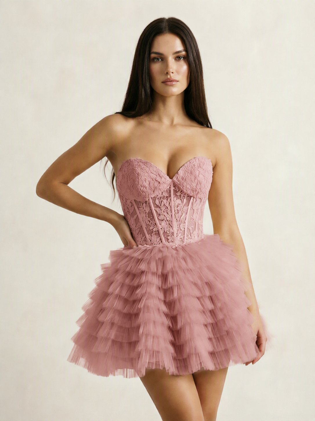 Strapless Lace Corset Tiered Tulle Mini Dress