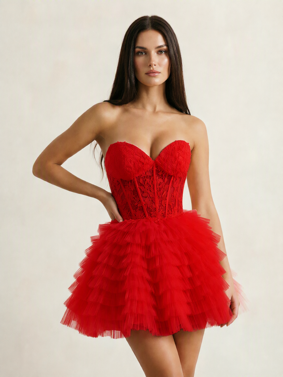Strapless Lace Corset Tiered Tulle Mini Dress