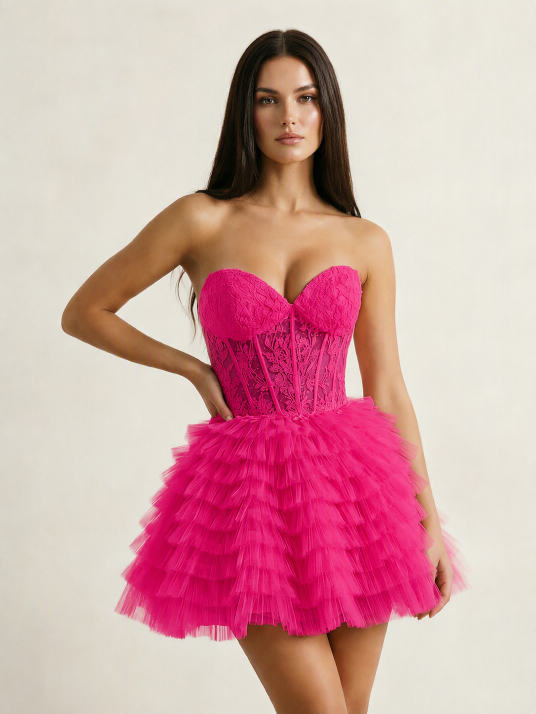 Strapless Lace Corset Tiered Tulle Mini Dress