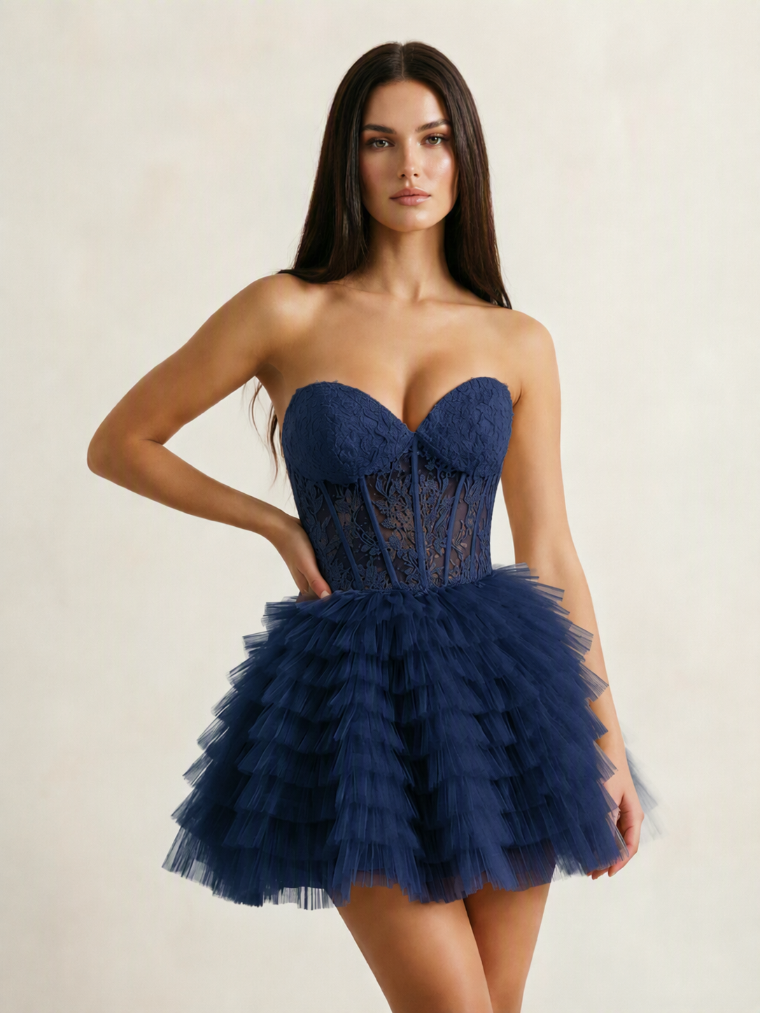 Strapless Lace Corset Tiered Tulle Mini Dress