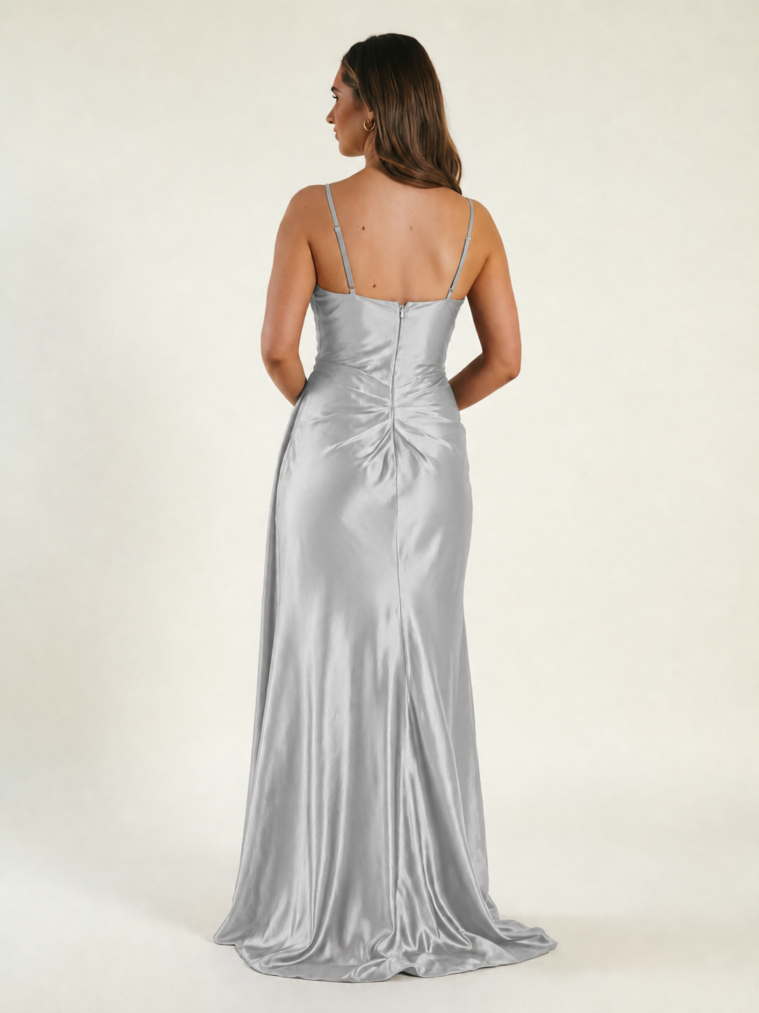 V-neck satin fine bandeau fitted high slit long dress