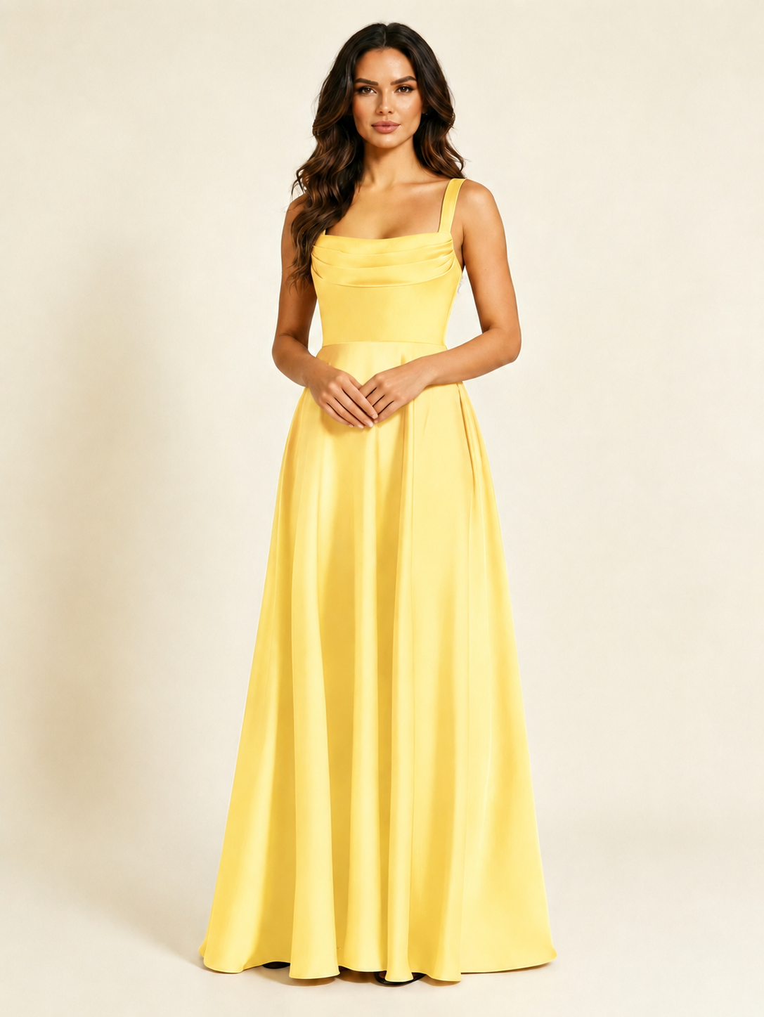 Satin Draped Cowl Square Neck A-Line Maxi Bridesmaid Dress