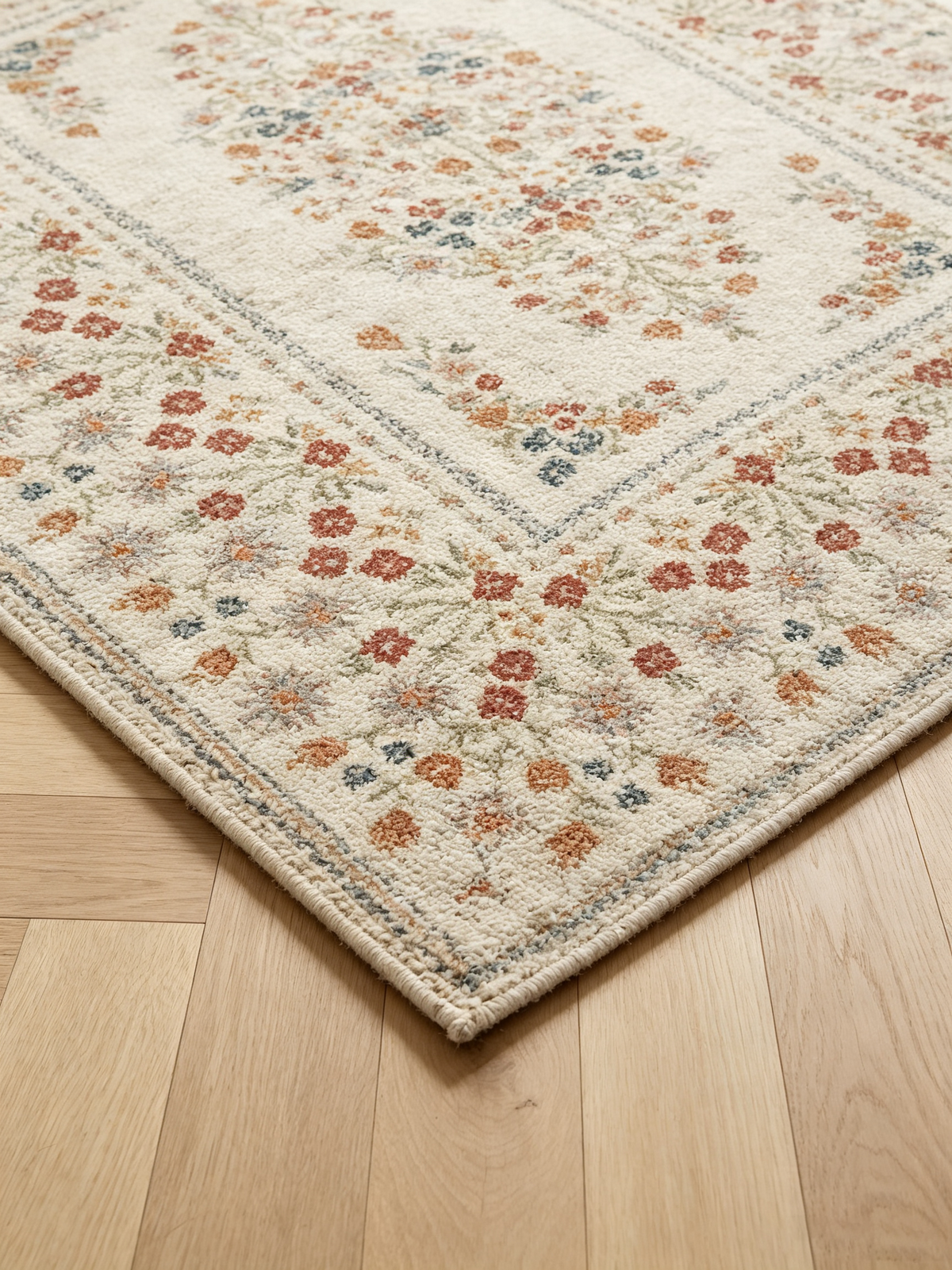 Traditional Floral Border Short Pile Area Rug